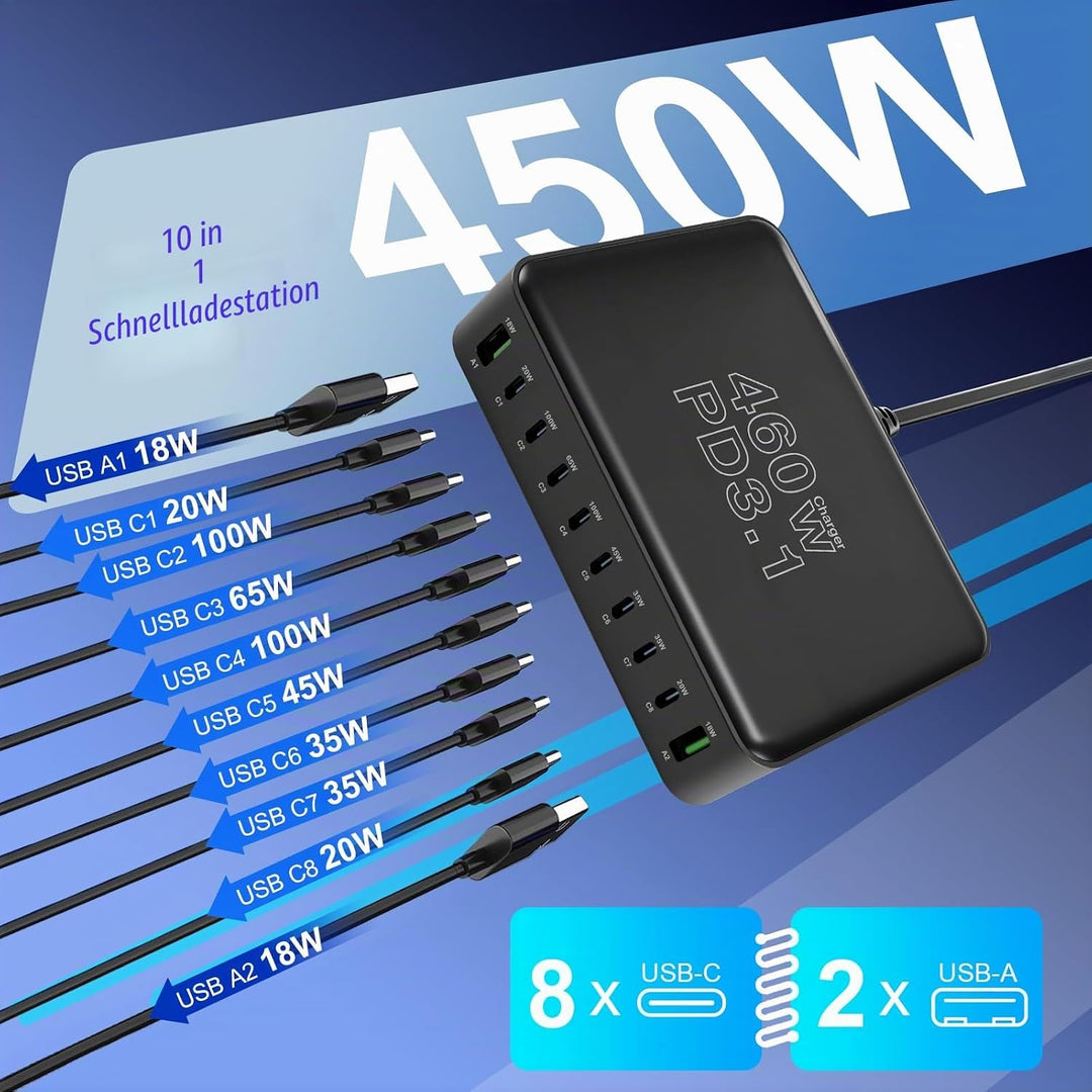 460W USB C Ladegerät Mehrfach, 10-Port Laptop Schnellladegerät Ladestation PD 3.1 100W/45W/35W/20W (