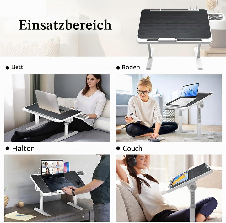 Klappbarer Laptoptisch mit Schublade, LED & Ventilator – Höhenverstellbarer Schreibtisch für Bett, S