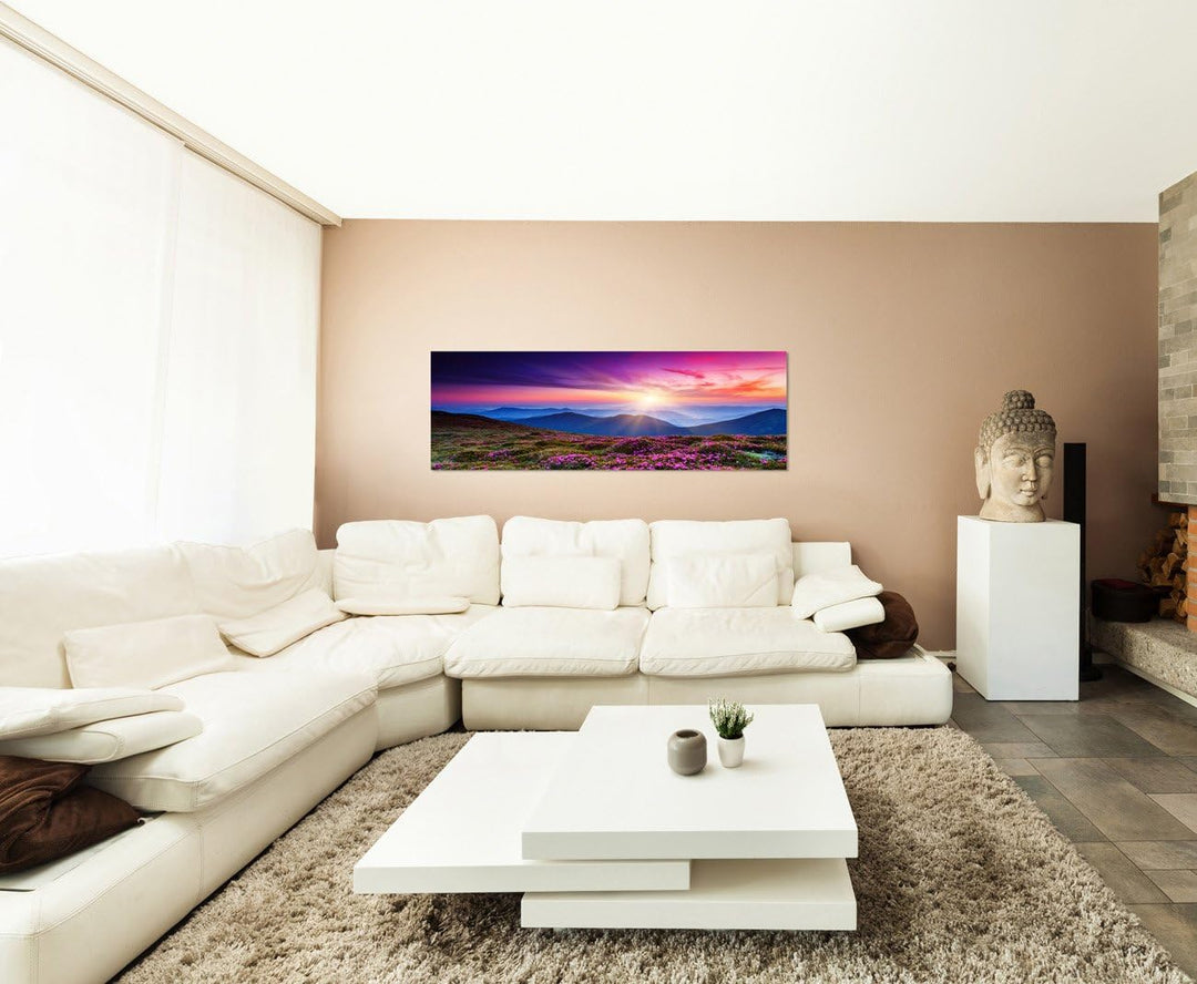 Paul Sinus Art Panoramabild auf Leinwand und Keilrahmen 150x50cm Ukraine Berge Blumenwiese Abendsonn