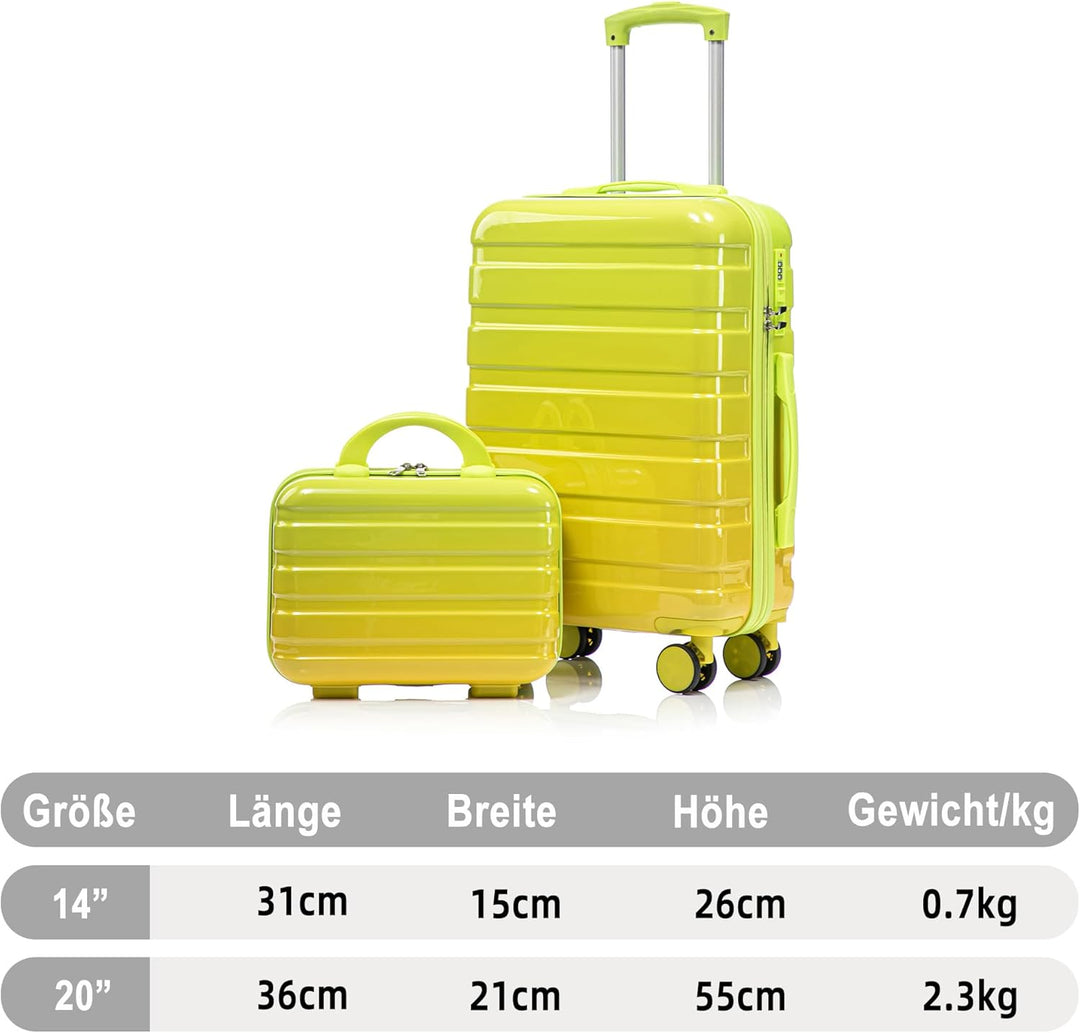 Hartschalen-Koffer Trolley Handgepäck Rollkoffer, Reisekoffer Set mit 4 Rollen, 2er Gepäckset, Gelb