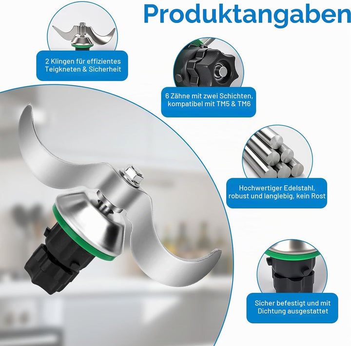 Teigmesser für Thermomix TM5 TM6, Edelstahl Teigmischmesser Messer, Mixmesser Ersatz Zubehör für Vor