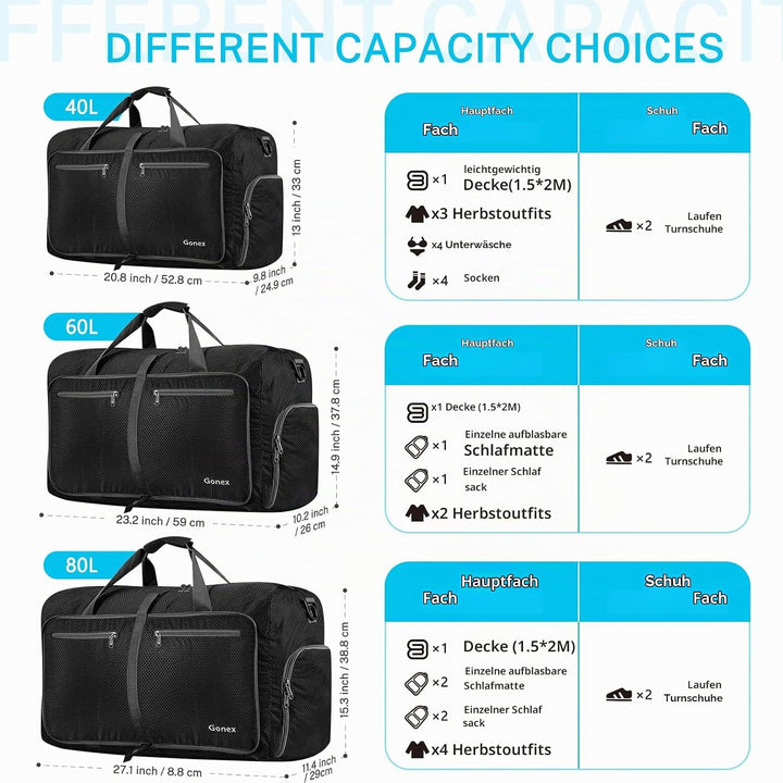 Gonex Faltbare Reisetasche, Leicht mit Schuhfach, 80L, Dunkelgrau | 210D Waben-Nylon, Wasserabweisen