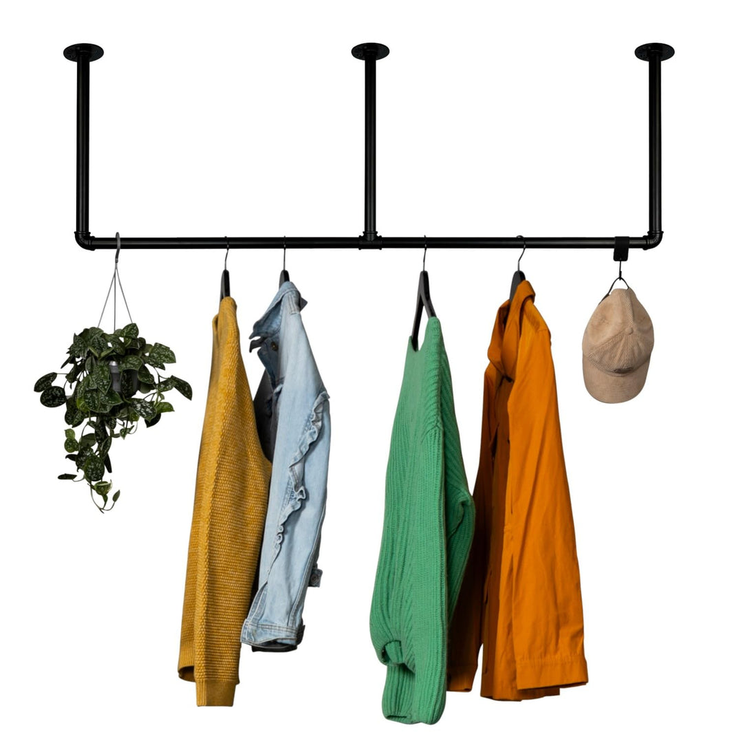 Kleiderstange Industrial Schwarz für Decke Deckenmontage Breite 120 cm x Höhe 30 cm Garderobe Flur D