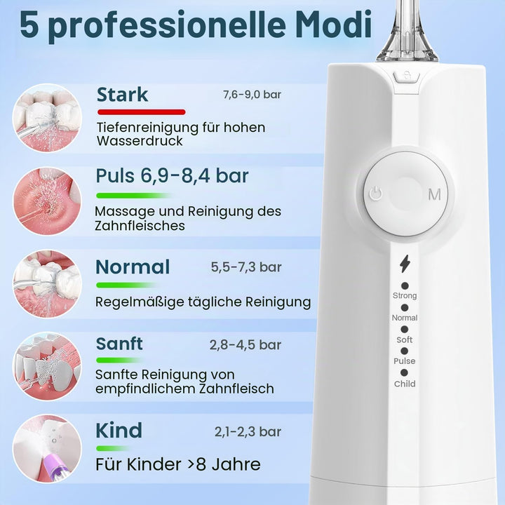 Munddusche, tragbar, Wasserfloss, Munddusche 5 Modi und 8 Düsen, Tank 300 ml, USB aufgeladen, wasser