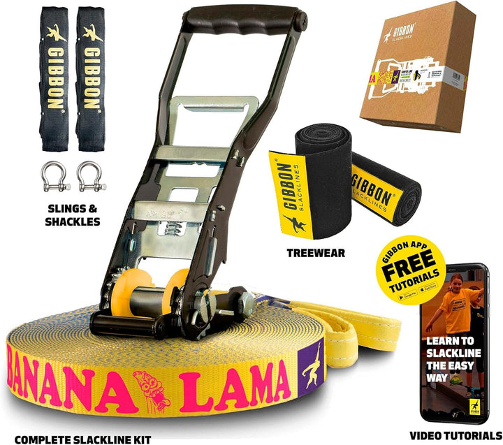 Gibbon Slacklines BananaLama XL Treewear Set | 25m Länge | 3,5cm Breite | Anfänger & Fortgeschritten