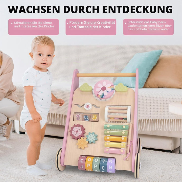 11 in 1 Lauflernhilfe Holz Multifunktion Baby Walker mit gummierten Holzrädern, Kognitive Entwicklun