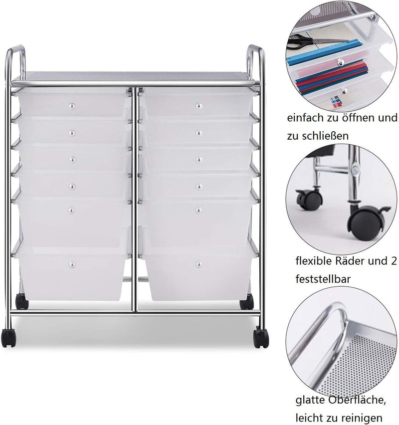 COSTWAY Rollwagen mit 12 stapelbaren Schubladen, Schubladenwagen Rollcontainer mit Metallgestell und