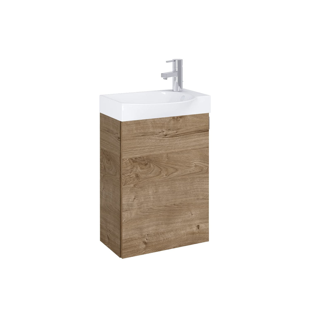 VBChome Badmöbel Set 45 cm Weiss Waschbecken mit Eiche Canela Hängeschrank Waschtisch 1-Türen Soft-C