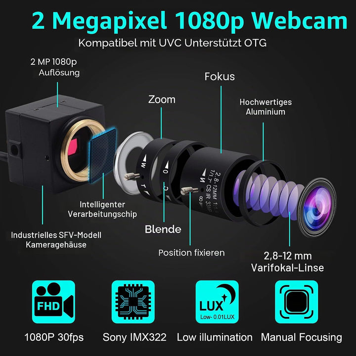 ELP 0.01 Lux Webcam 1080P Weitwinkel Einstellbar 2.8-12mm Vario Objektiv Low Illumination Minikamera