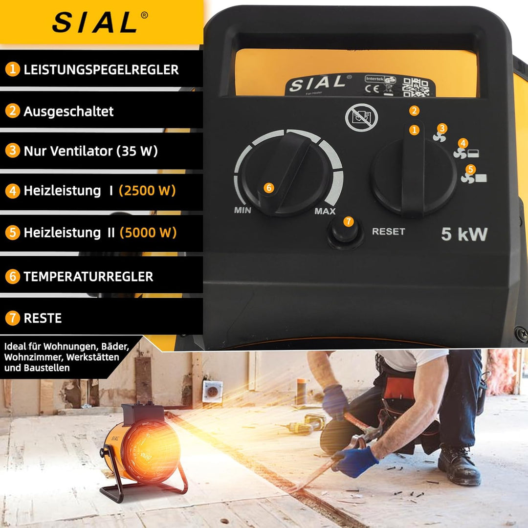 SIAL Industriell Heizlüfter 5000W - Elektrische Heizung - Heizstrahler Bauheizer - Heizgebläse Für G
