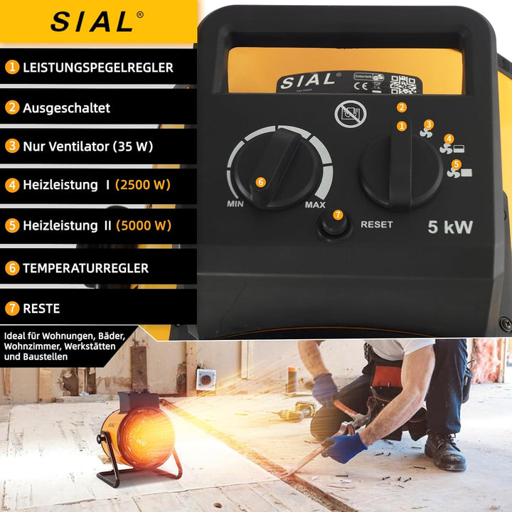 SIAL Industriell Heizlüfter 5000W - Elektrische Heizung - Heizstrahler Bauheizer - Heizgebläse Für G