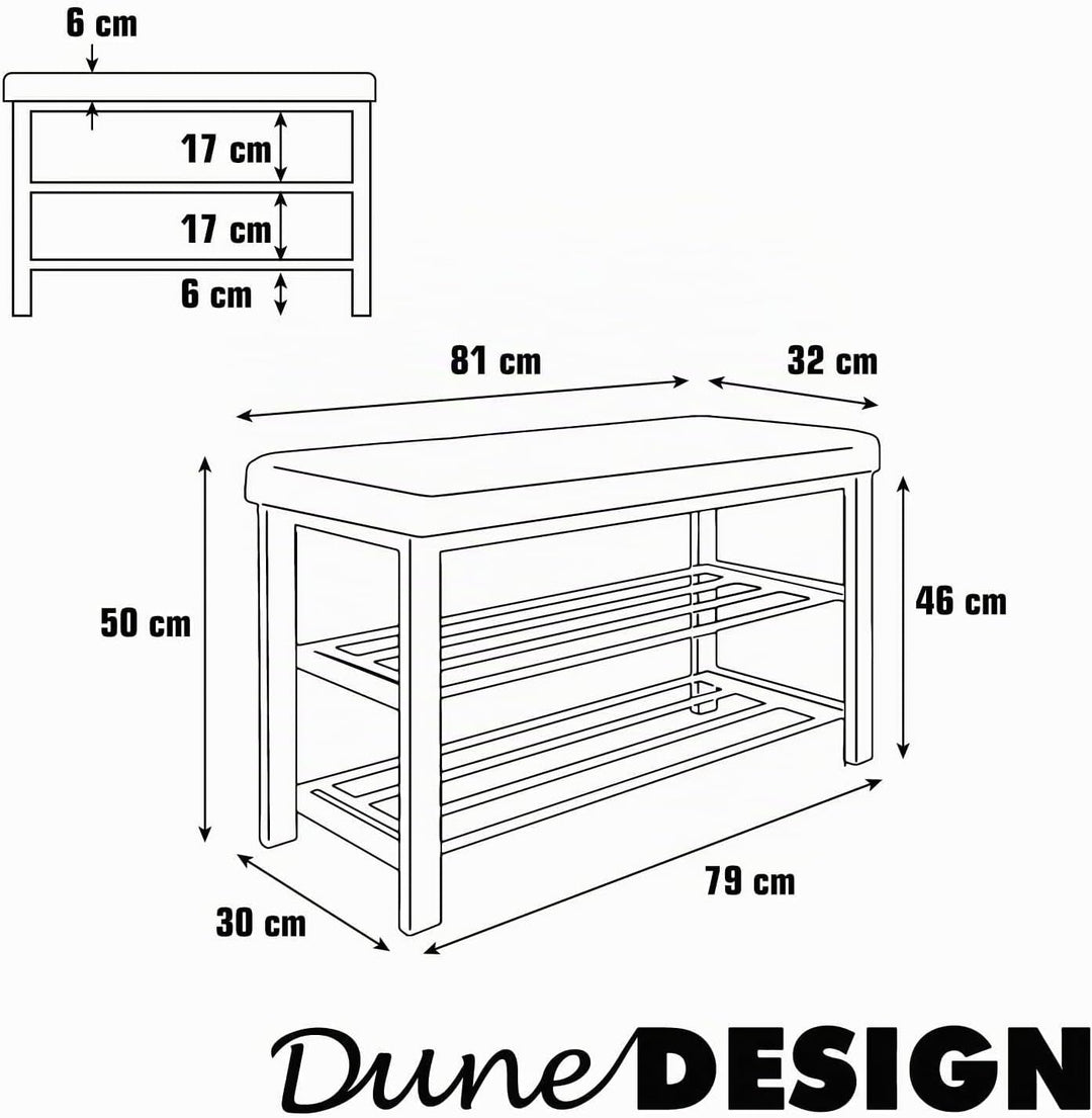 DuneDesign Schuhregal 81x32x46 cm offener Schuhschrank mit 2 Böden stabile Sitzbank Schuhbank aus Me