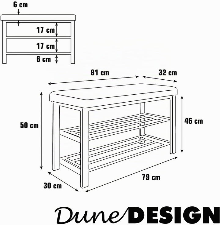 DuneDesign Schuhregal 81x32x46 cm offener Schuhschrank mit 2 Böden stabile Sitzbank Schuhbank aus Me