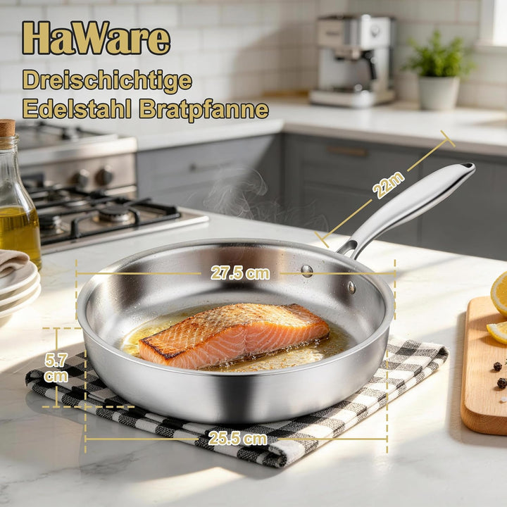 HaWare Edelstahlpfanne 26 cm, 3-Lagige Edelstahl Pfanne Induktion,Unbeschichtet Bratpfanne für Alle