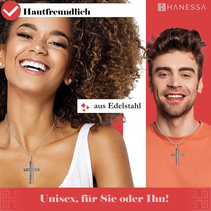 Hanessa Personalisierte Kette mit Gravur Edelstahl 45-60 cm mit Anhänger Kreuz schwarz und silber -