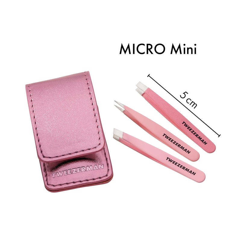 TWEEZERMAN Mini Pinzetten Set, 3 teilig zum Augenbrauenzupfen für Reise und Unterwegs, Pink