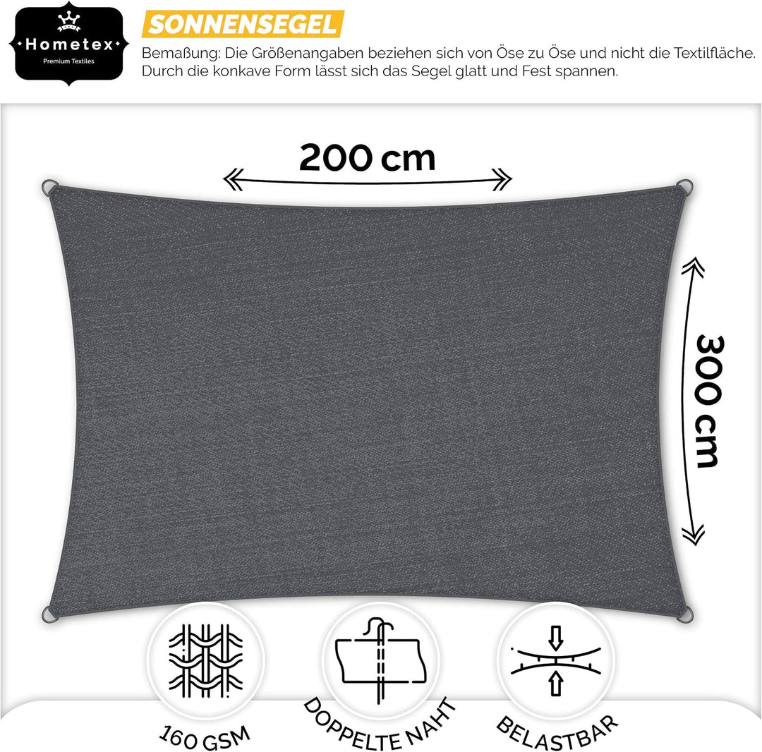 Hometex Premium Textiles Sonnensegel 2×3m Rechteckig inkl. Befestigungseile | Dunkelgrau | Sonnensch