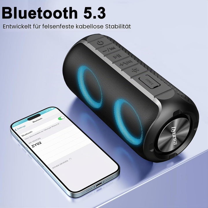 Bluetooth Lautsprecher mit Licht, 52mm Dual Musikbox Bluetooth Box Fantastischer Sound, 12H Outdoor