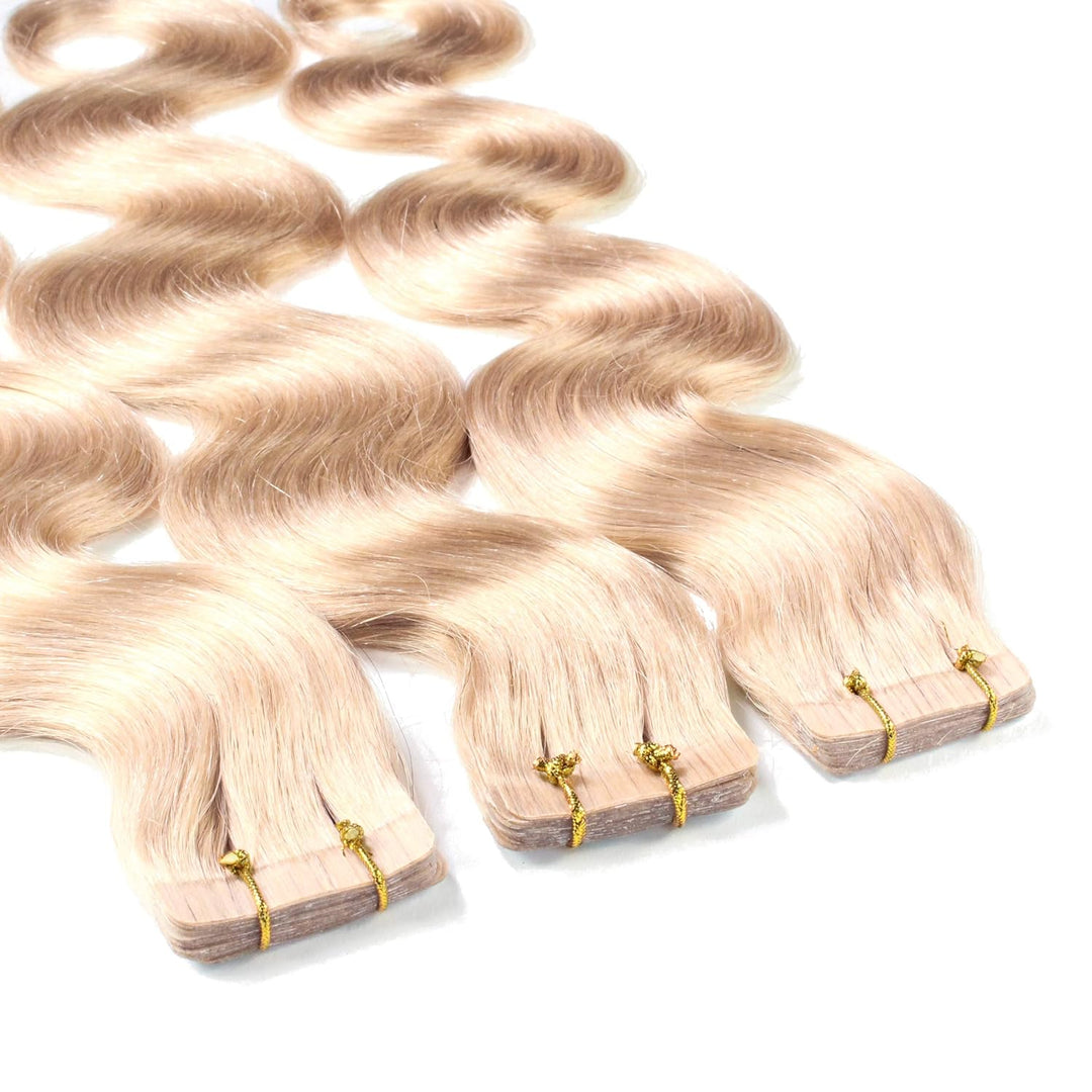 hair2heart Tape Extensions Echthaar Gewellt - 10 Tapes 2.5g 60cm 9/31 lichtblond gold-asch 10 Strähn