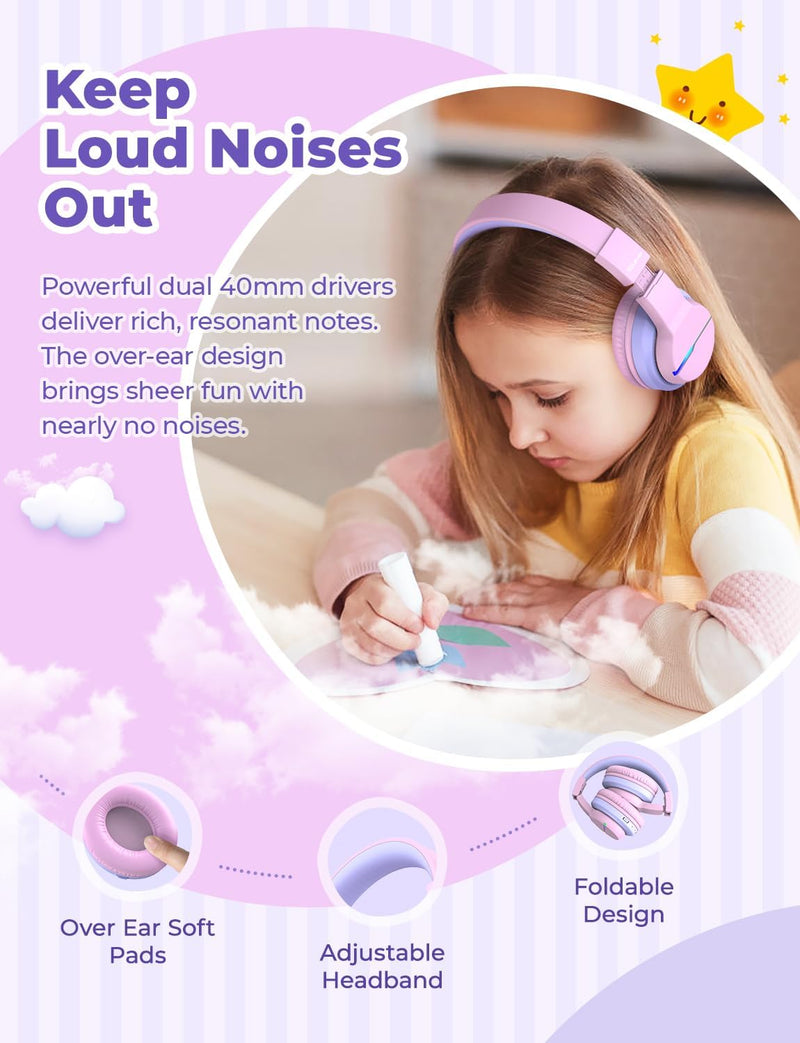iClever Bluetooth Kinder Kopfhörer 2pack, Farbige LED-Leuchten, Kinderkopfhörer Over-Ear mit 74/85/9