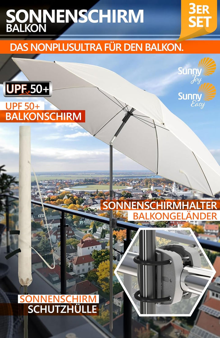 4smile Sonnenschirm Balkon SunnyJoy im 3er-Set - UPF 50+ Balkon Schirm 160 cm + Sonnenschirmhalter B