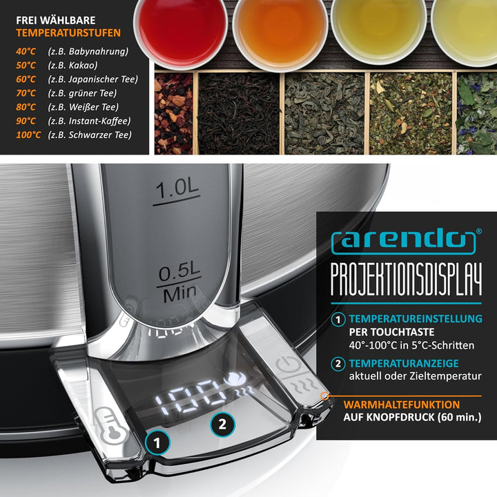 Arendo - Wasserkocher Edelstahl mit Temperatureinstellung - LED Anzeige mit Touch Panel - Wasserkess