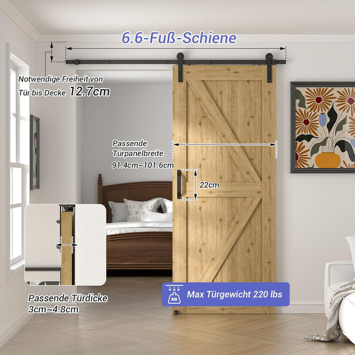 TSMST 6.6FT/200cm Schiebetürsystem Komplett-Set mit Bodenführung für Schiebetüren mit Schwarze Türgr