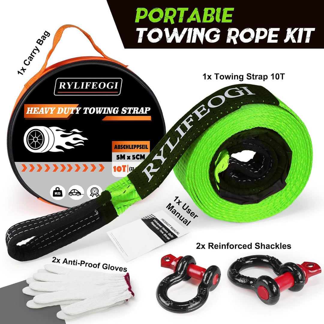 RYLIFEOGI Abschleppseil 10 Tonnen (22,000Lbs), 5mx5cm Heavy Duty Tow Strap mit 2 Verstärkten Haken 2