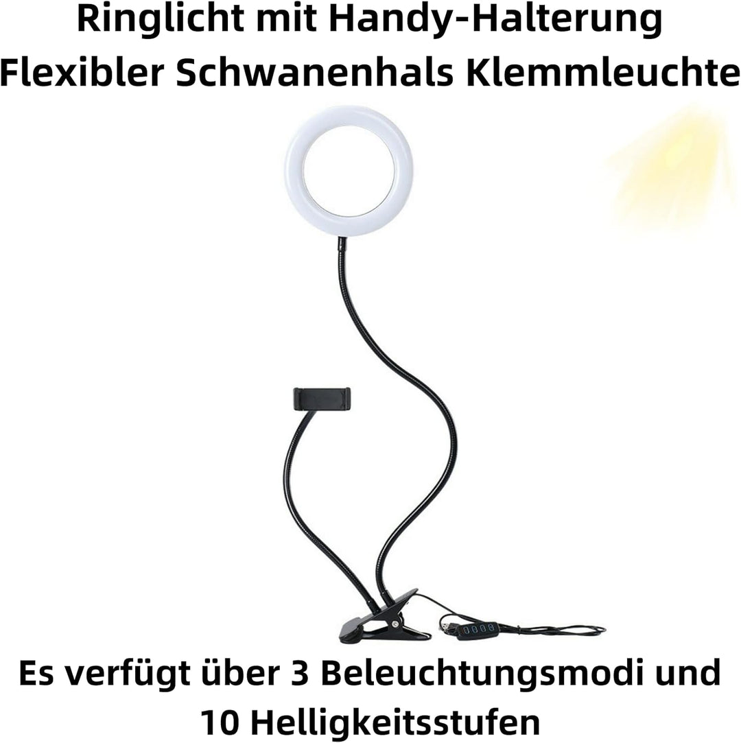 D90DS LED Ringlicht 9cm mit Smartphonehalter - Dimmbare Ringleuchte mit 3 Farbmodi, 10 Helligkeitsst