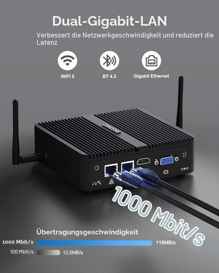 BASOARO Mini Desktop PC, Industrie PC, Celeron J4125, 8G RAM 128G SSD, Gigabit Ethernet, HD/VGA, 2*R