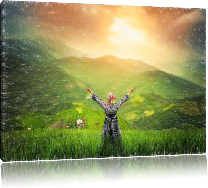 Pixxprint Berg Farm in Asien / 100x70cm Leinwandbild bespannt auf Holzrahmen/Wandbild Kunstdruck Dek