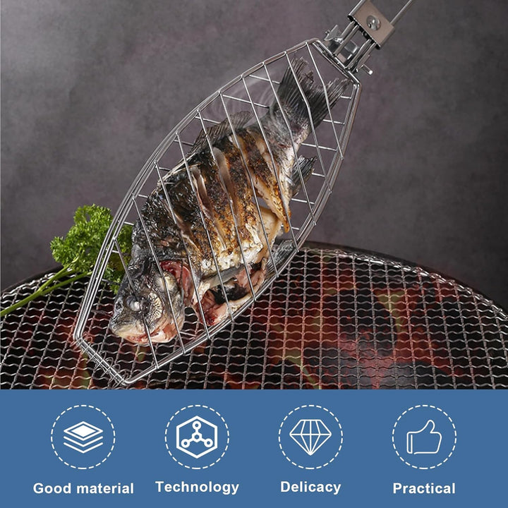 Fisch Grillhalter mit Holzgriff 3er, 63x12cm Grosse Fischbräter Fischgriller mit Griff aus Metall, G