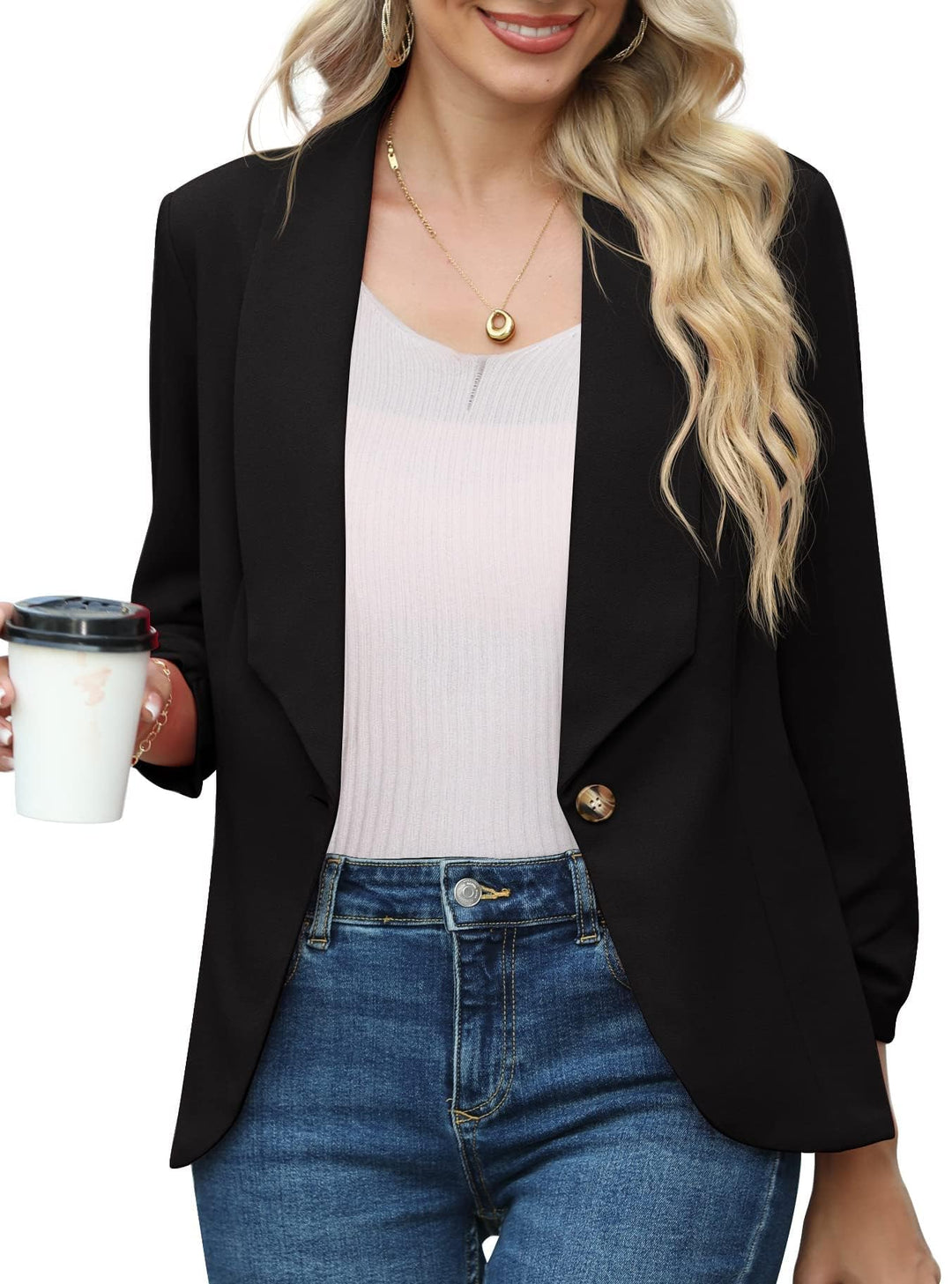 PrinStory Blazer Für Damen 3/4 Geraffte Ärmel Blazer Geschäft Büro Blazer Anzug Sportlich Jack Trenc