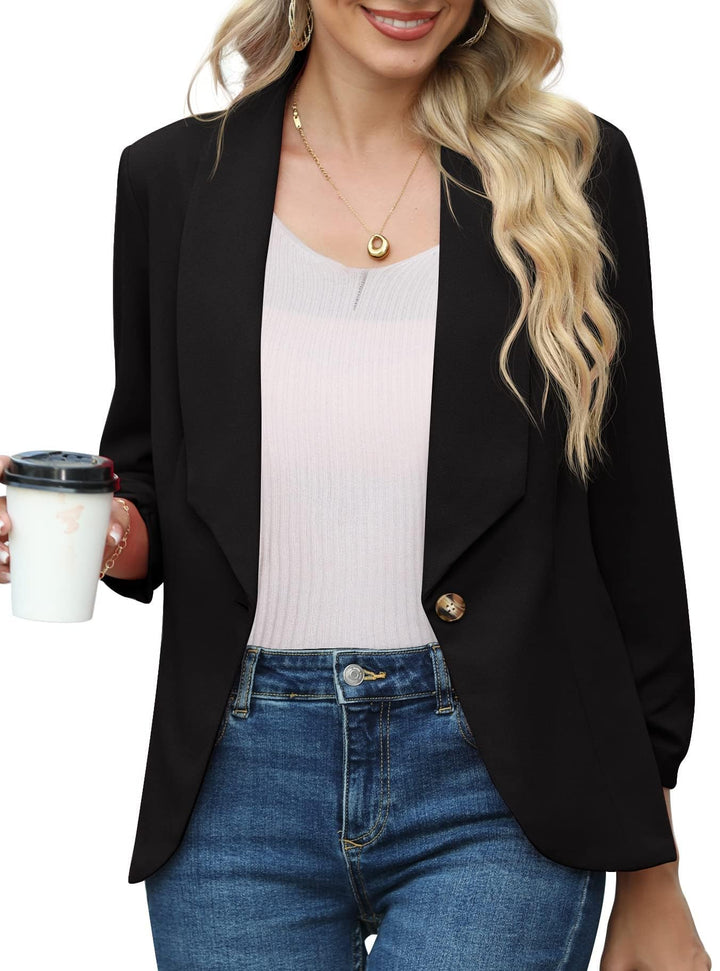 PrinStory Blazer Für Damen 3/4 Geraffte Ärmel Blazer Geschäft Büro Blazer Anzug Sportlich Jack Trenc