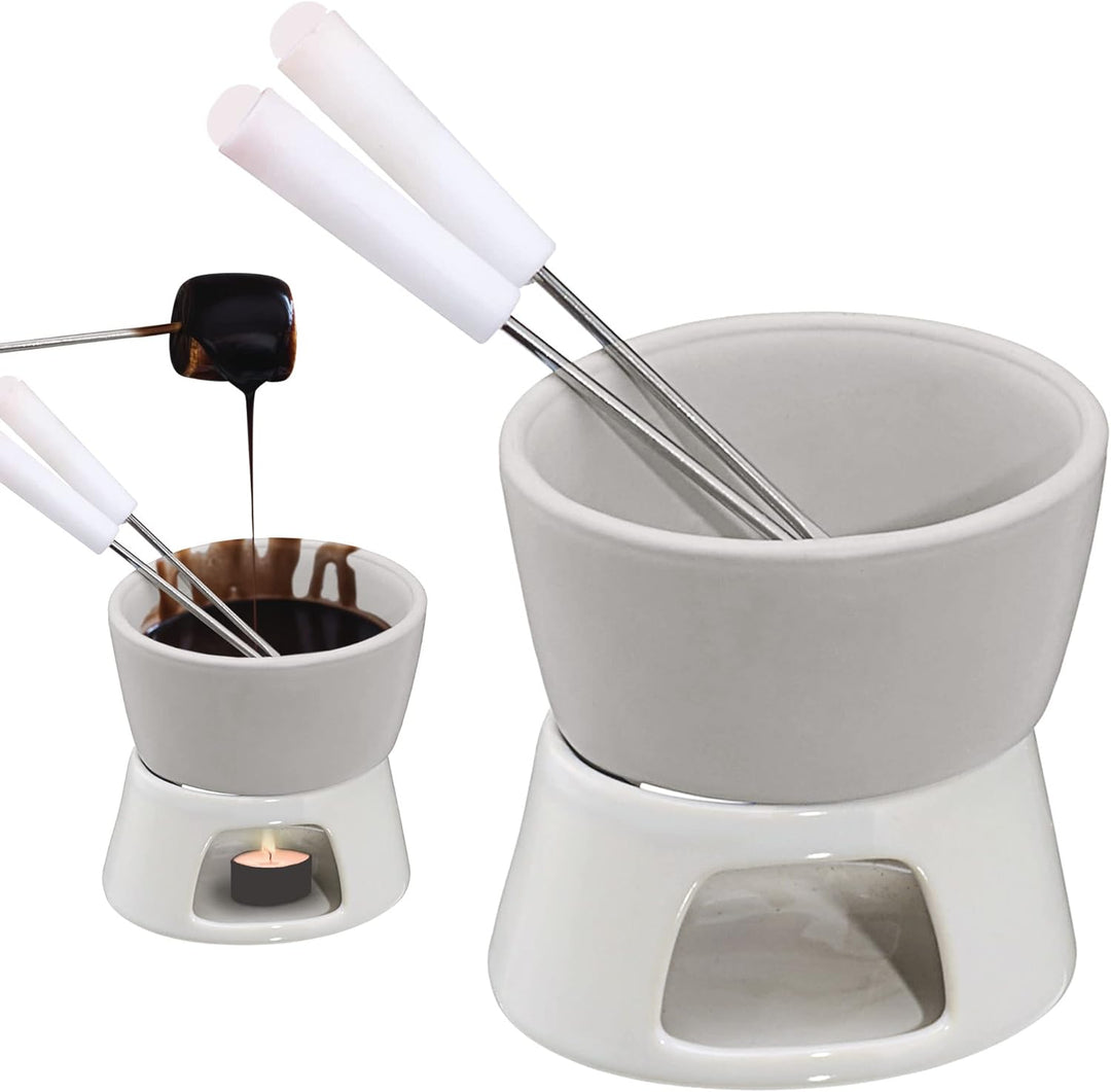 Cepewa Keramik Schokofondue Set Fondue-Set Schokolandenfondue weiss inkl. 2 Edelstahlgabeln (8 x Sch