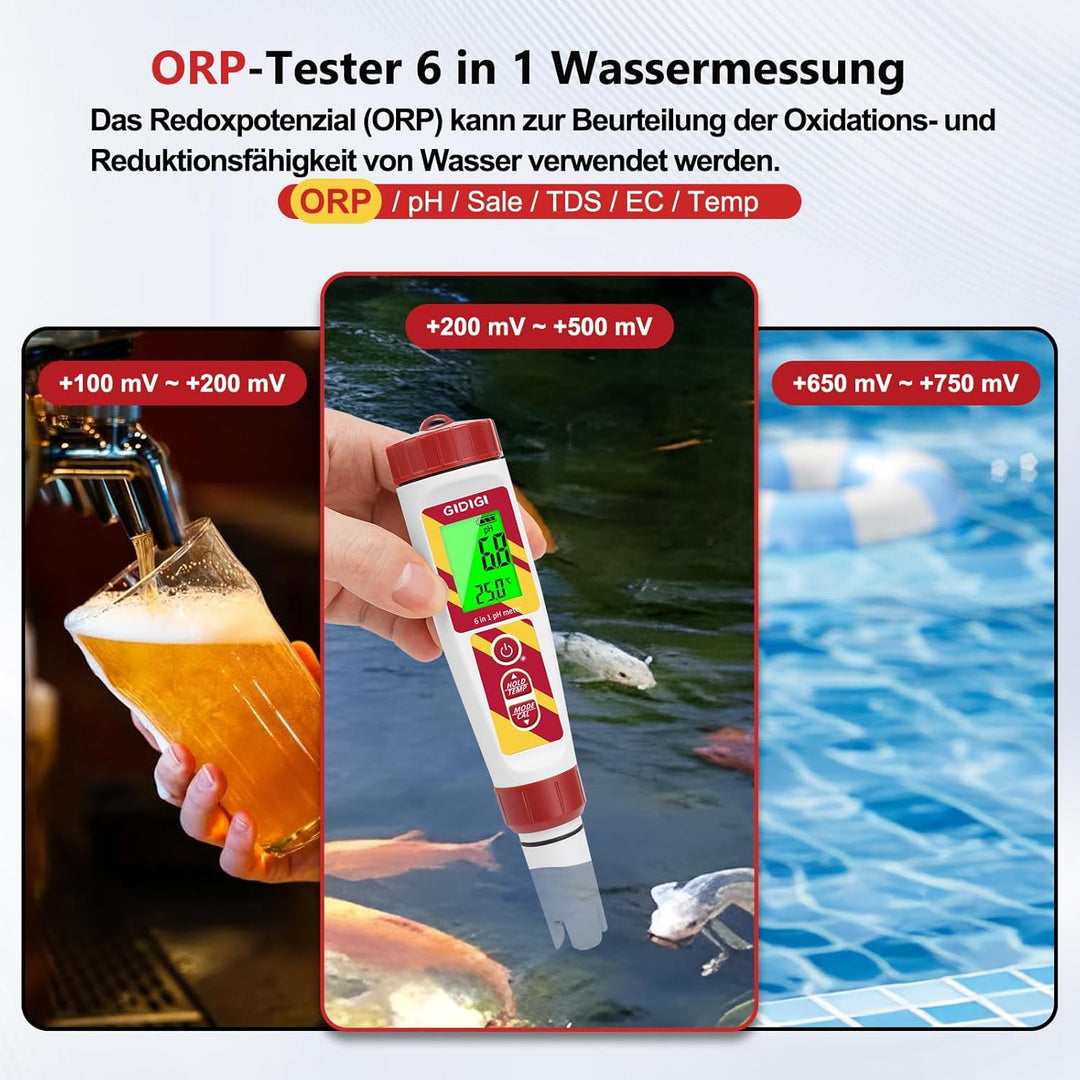 6-in-1 Digitaler Wasserqualitätstester für Pools und Hydrokulturen, pH/ORP/TDS/EC/Salzgehalt/Tempera