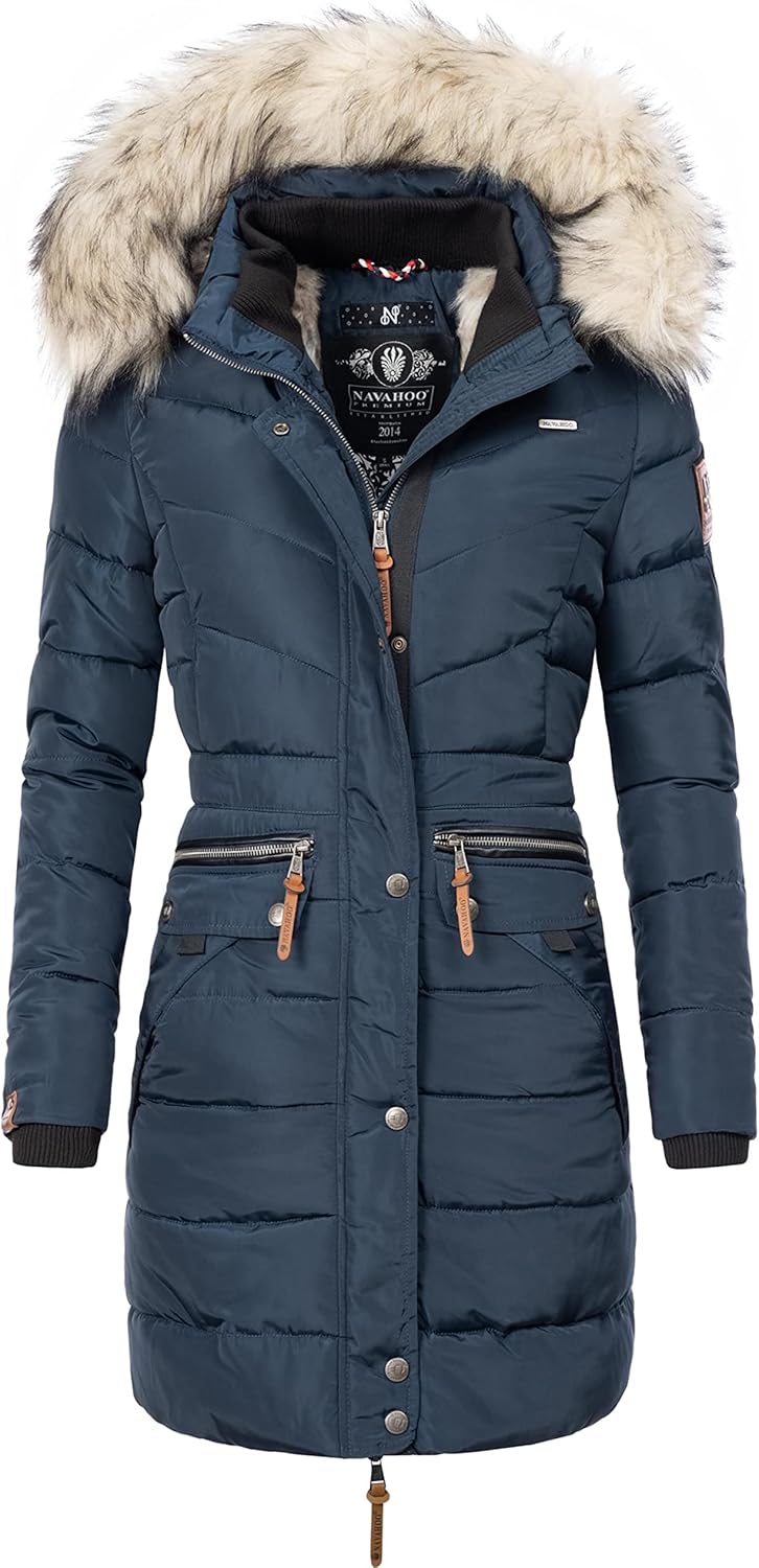 Navahoo Damen Wintermantel warmer Steppmantel lang mit Kapuze Paula XS-XXL S Blau, S Blau