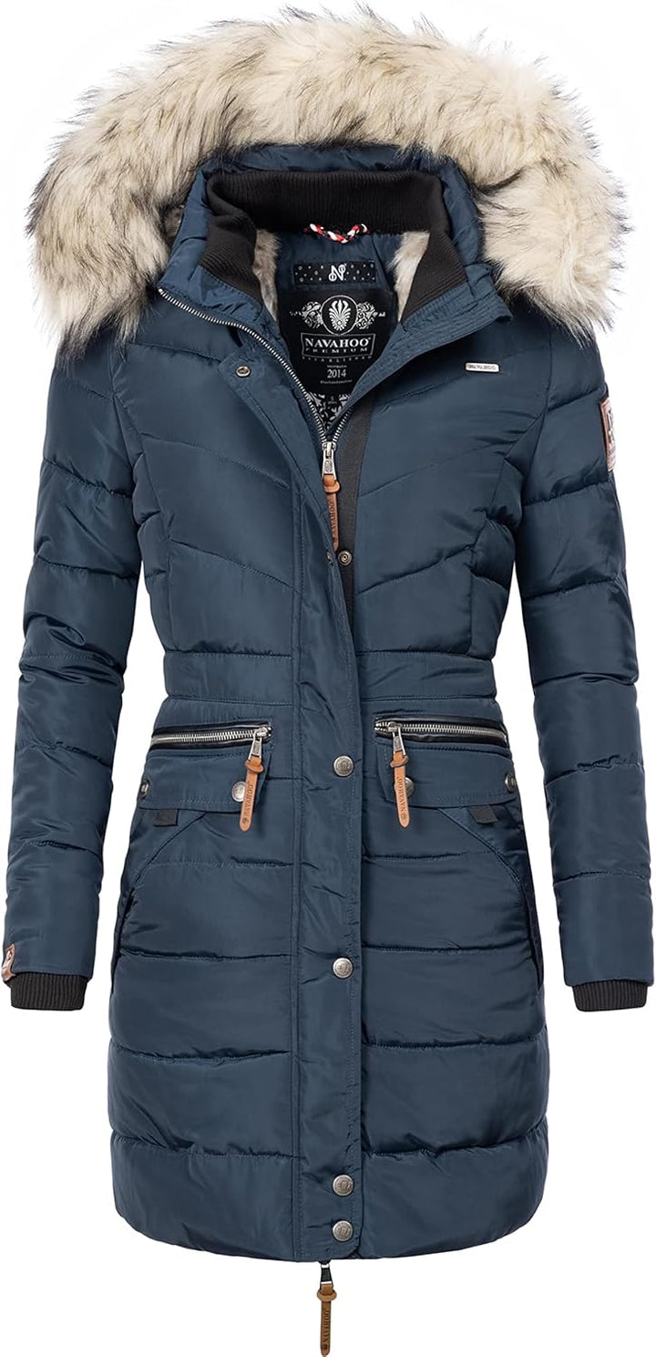 Navahoo Damen Wintermantel warmer Steppmantel lang mit Kapuze Paula XS-XXL S Blau, S Blau