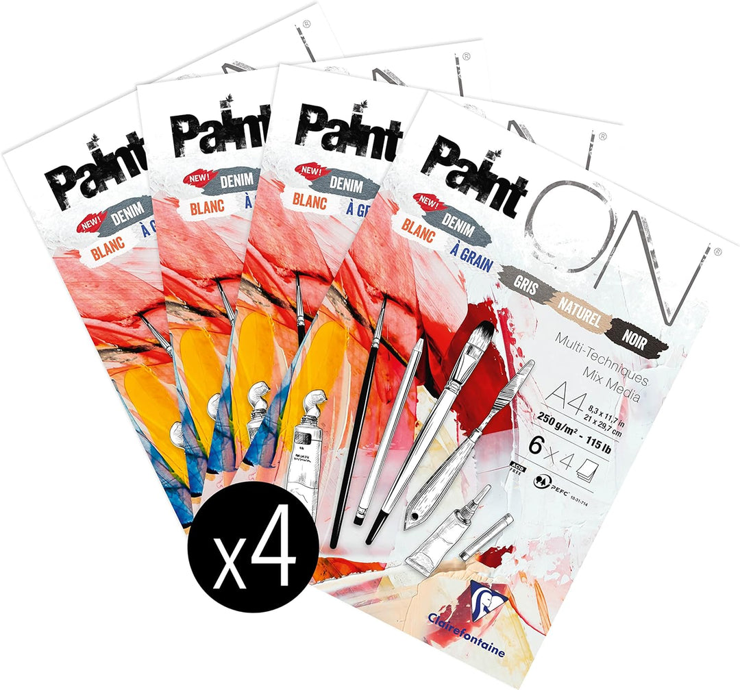 Clairefontaine 975410C - Packung mit 4 Blöcken Paint´ON DIN A4, kopfseitig geleimt, 24 Blatt, 250g,
