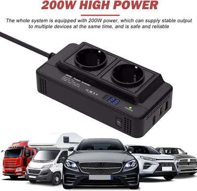 200W Auto Spannungswandler Wechselrichter DC 12V auf AC 220V, 12v auf 220v Spannungswandler mit 2 St