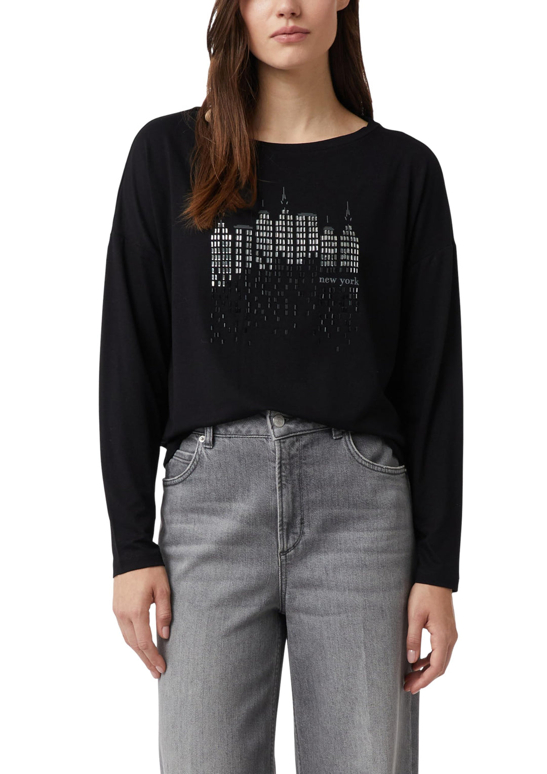 Comma Langarmshirt mit Frontprint und Strassdetails 46 99l0_schwarz, 46 99l0_schwarz