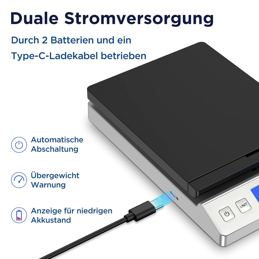Briefwaage, 30kg/2g Digitale Paketwaage mit Halte & Tara Funktion, Hohe Präzision Faltbare Plattform