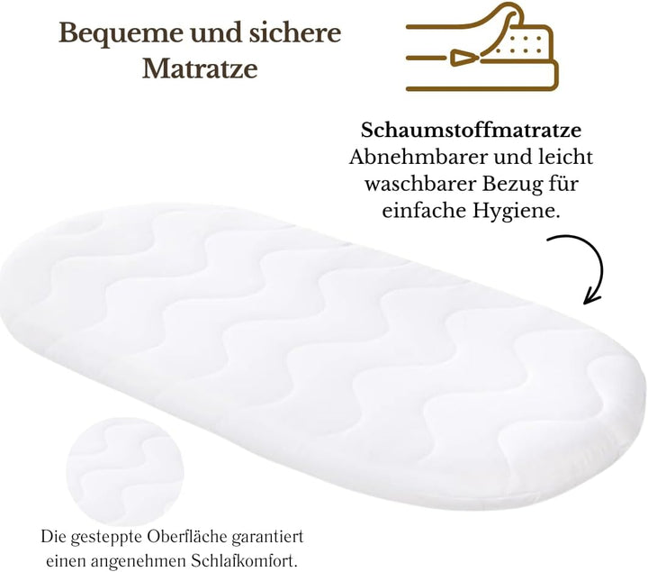 Wiklinopol Stubenwagen aus Weide mit Gestell &amp; Matratze Amelia – Moseskorb in Natur – Set Musselin-B