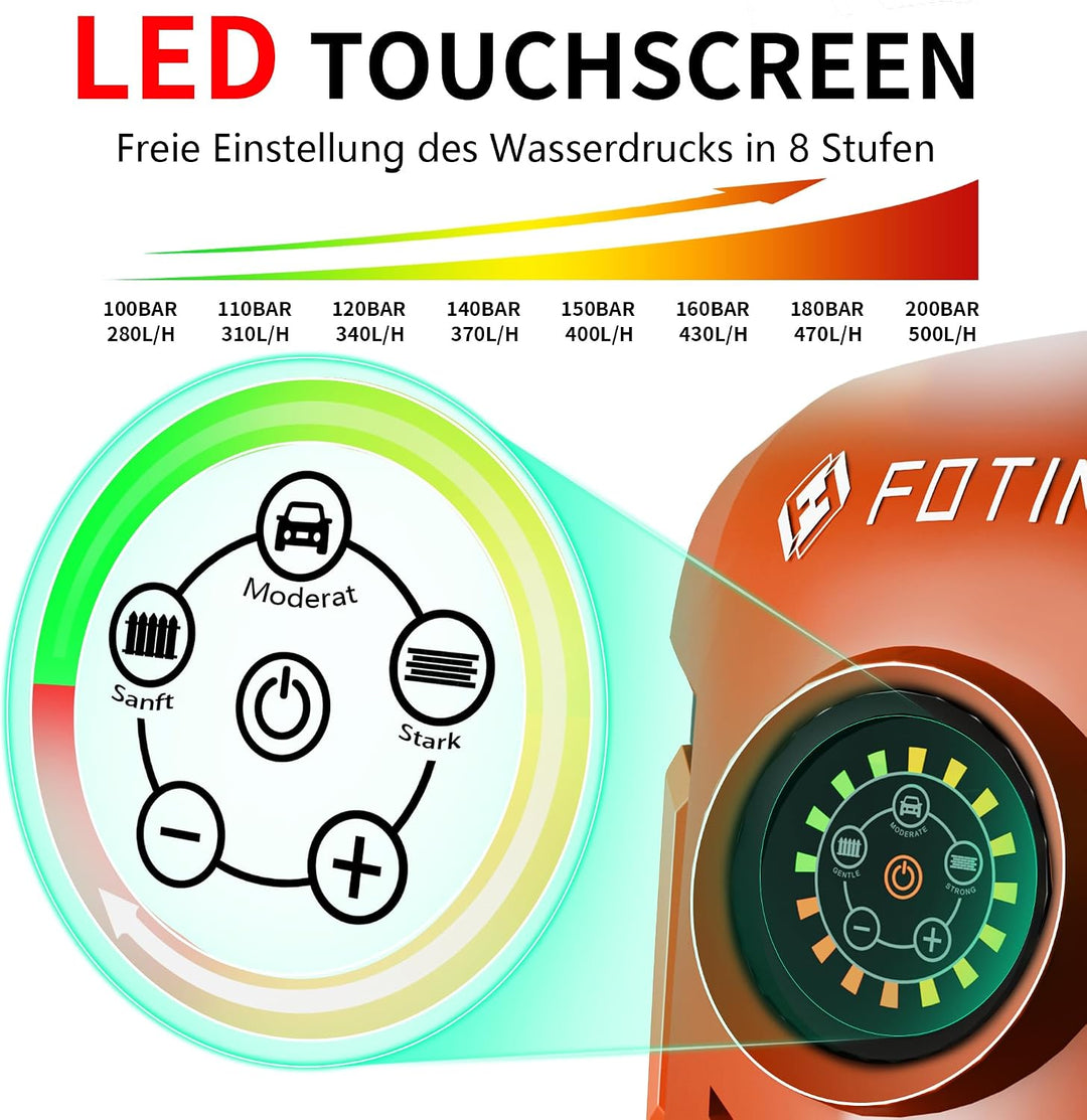 Hochdruckreiniger Touchscreen 8-stufiger 200 bar, 6-in-1-Düse, Einstellbarer Druck: 100-200 bar, För
