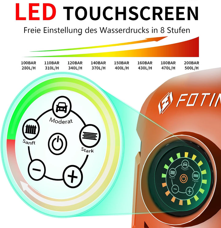 Hochdruckreiniger Touchscreen 8-stufiger 200 bar, 6-in-1-Düse, Einstellbarer Druck: 100-200 bar, För