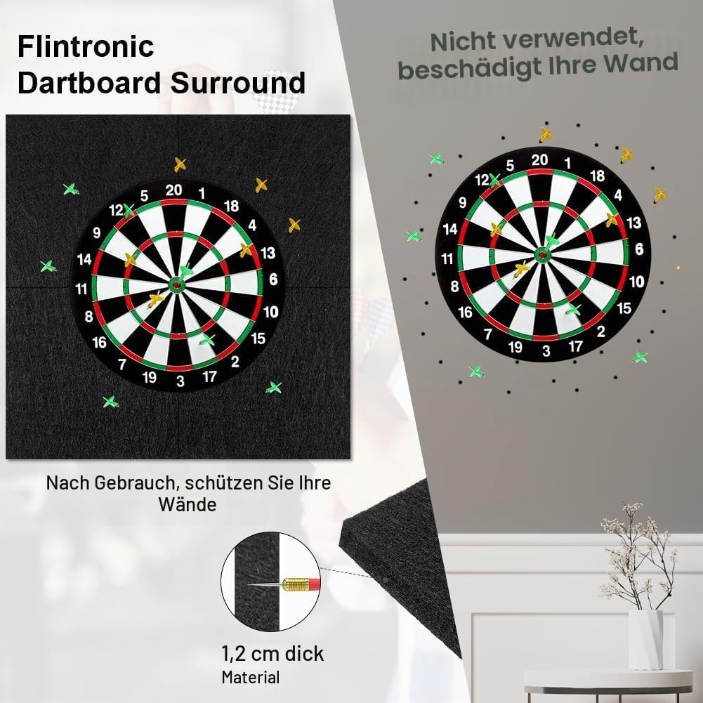 Flintronic Filz Dartboard-Wandschutz, HBT: 600x600x12mm, Dartscheiben Umrandung, Selbstklebend, Gesp