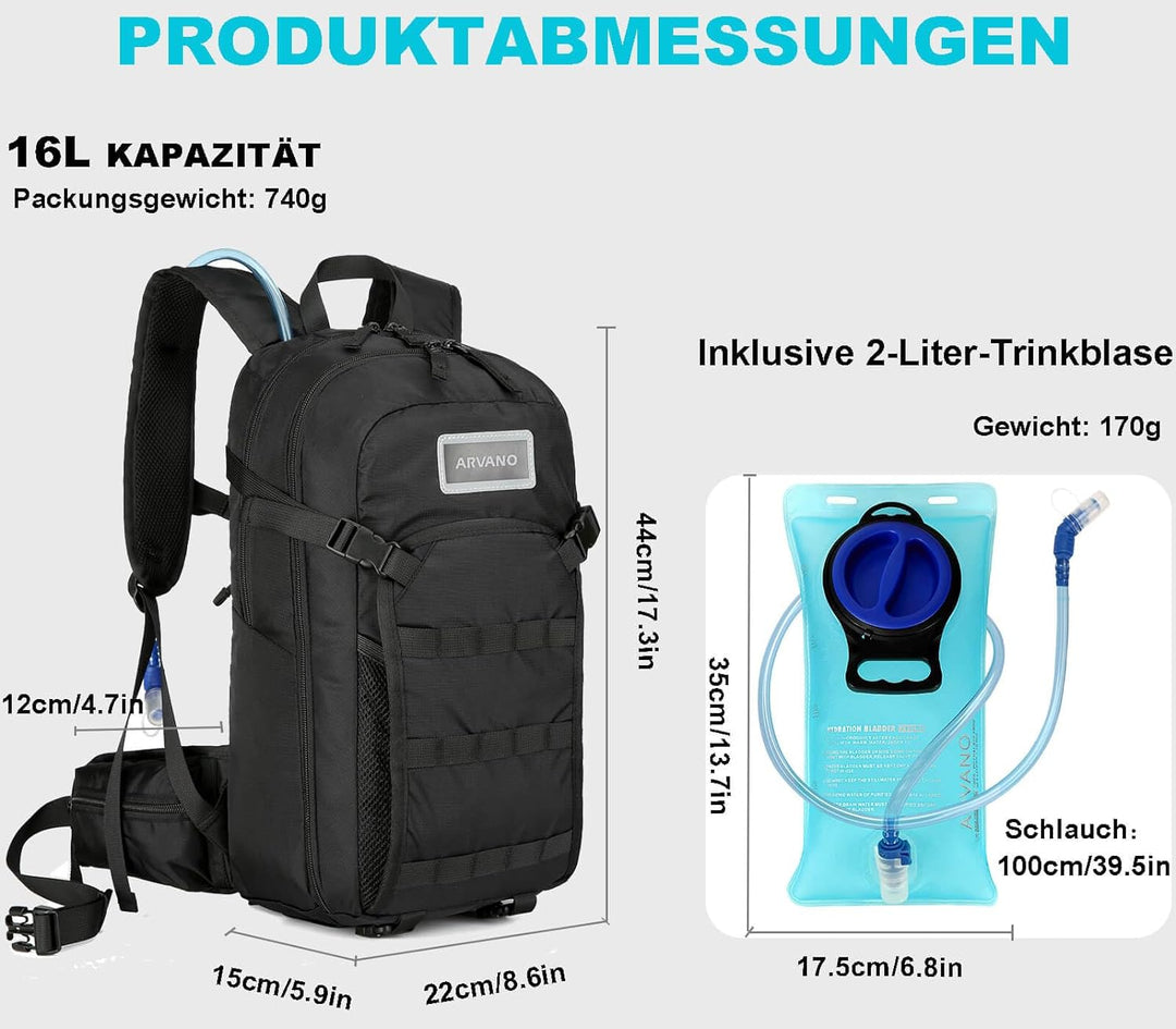 Arvano Trinkrucksack Fahrrad Rucksack mit Trinkblase 2l, Klein Wanderrucksack Skirucksack Wasserruck