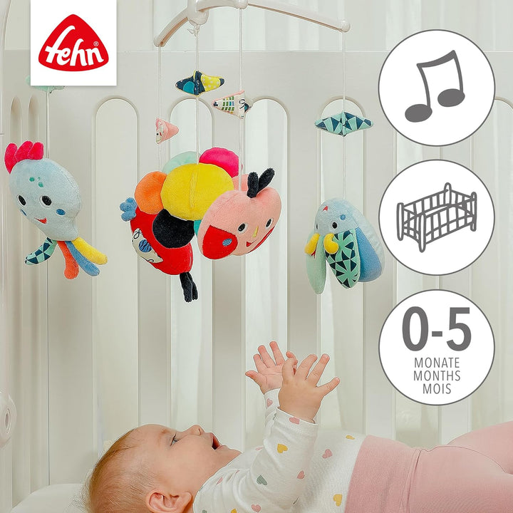 Fehn Musik Mobile COLOR Friends - Baby Einschlafhilfe Musikspielzeug mit süssen Tieren - Babymobile