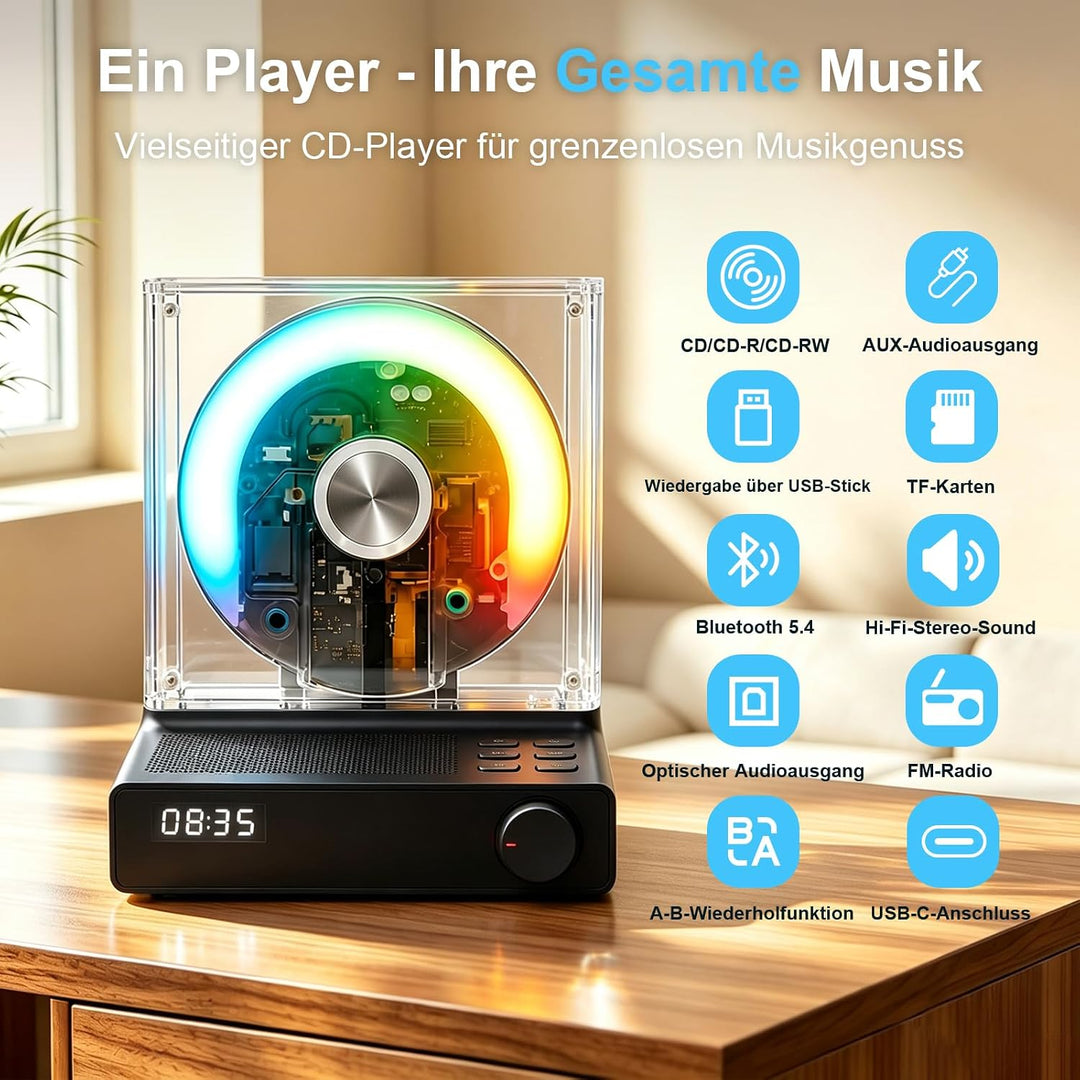 MYDASH Tragbarer CD Player mit Bluetooth 5.4 &amp; Lautsprecher - Schwarz, Schwarz
