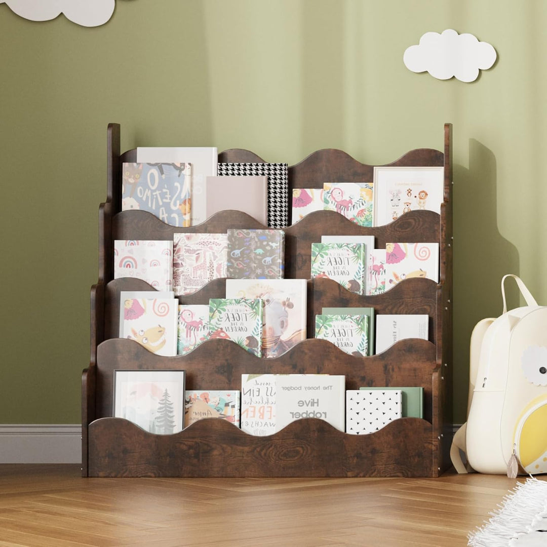 Kinder Bücherregal aus Kieferholz, Montessori Kinderregal mit 4 Ablagen, für Kinderzimmer Spielzimme